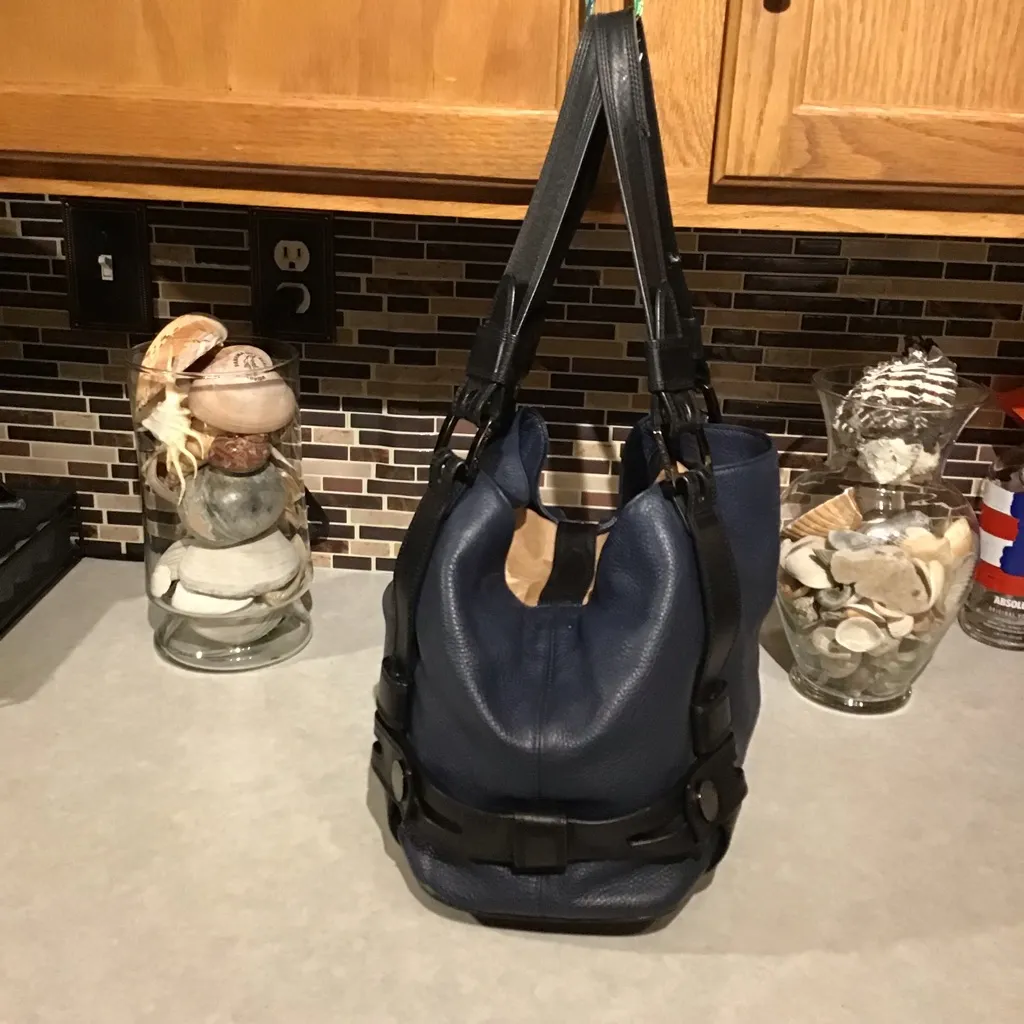 Michael Kors Leather Harness Luggage Grab Bag Satchel Tote Navy Blue - Image 5