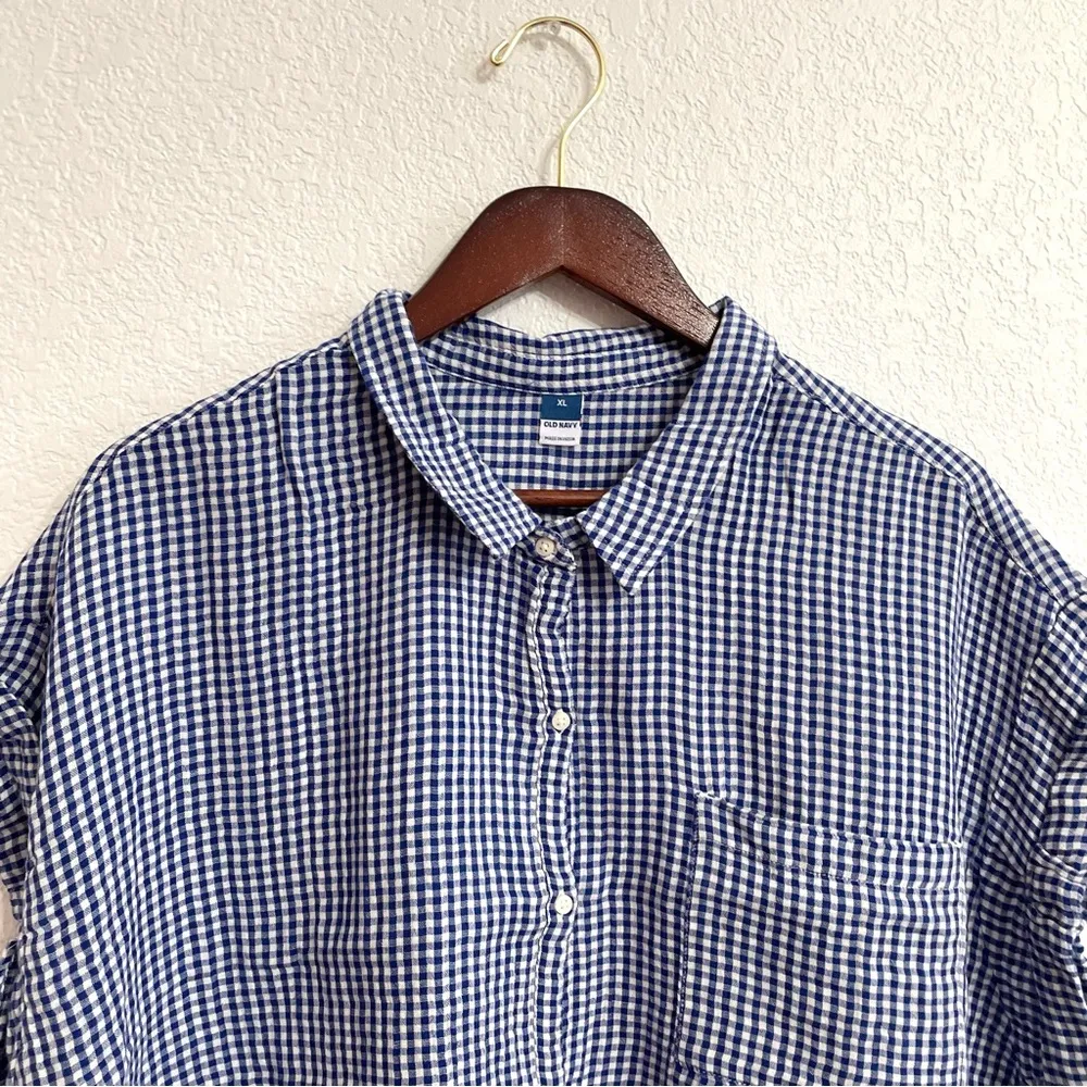 Old Navy Womens Shirt Blouse Blue White Gingham Plaid Boxy Button Up Size XL - Image 3