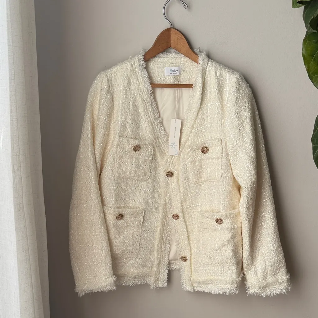 Bluivy Tweed Sparkle French Chic Gold Button Down Long Sleeve Frayed Blazer - Image 5