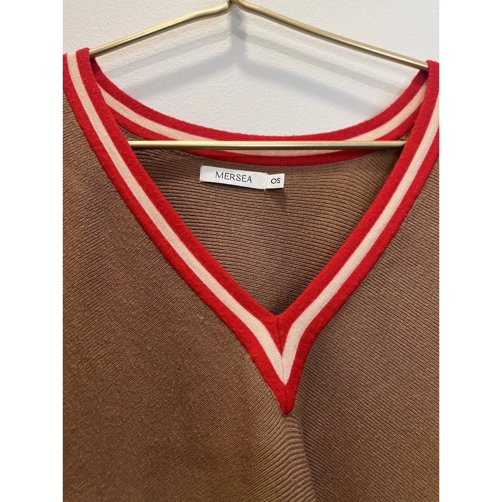 Mersea Anywhere Poncho Pullover Sweater Caramel w/ Red And White Varsity Trim OS Brown Size L - Image 3