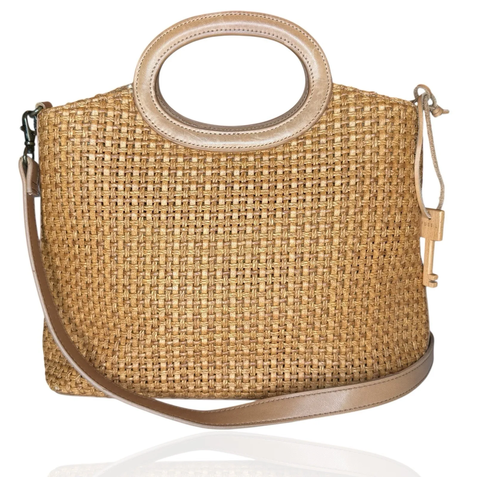 Vintage Fossil Woven Crossbody Hand Bag Wooden Key Leather Trim Medium - Image 1