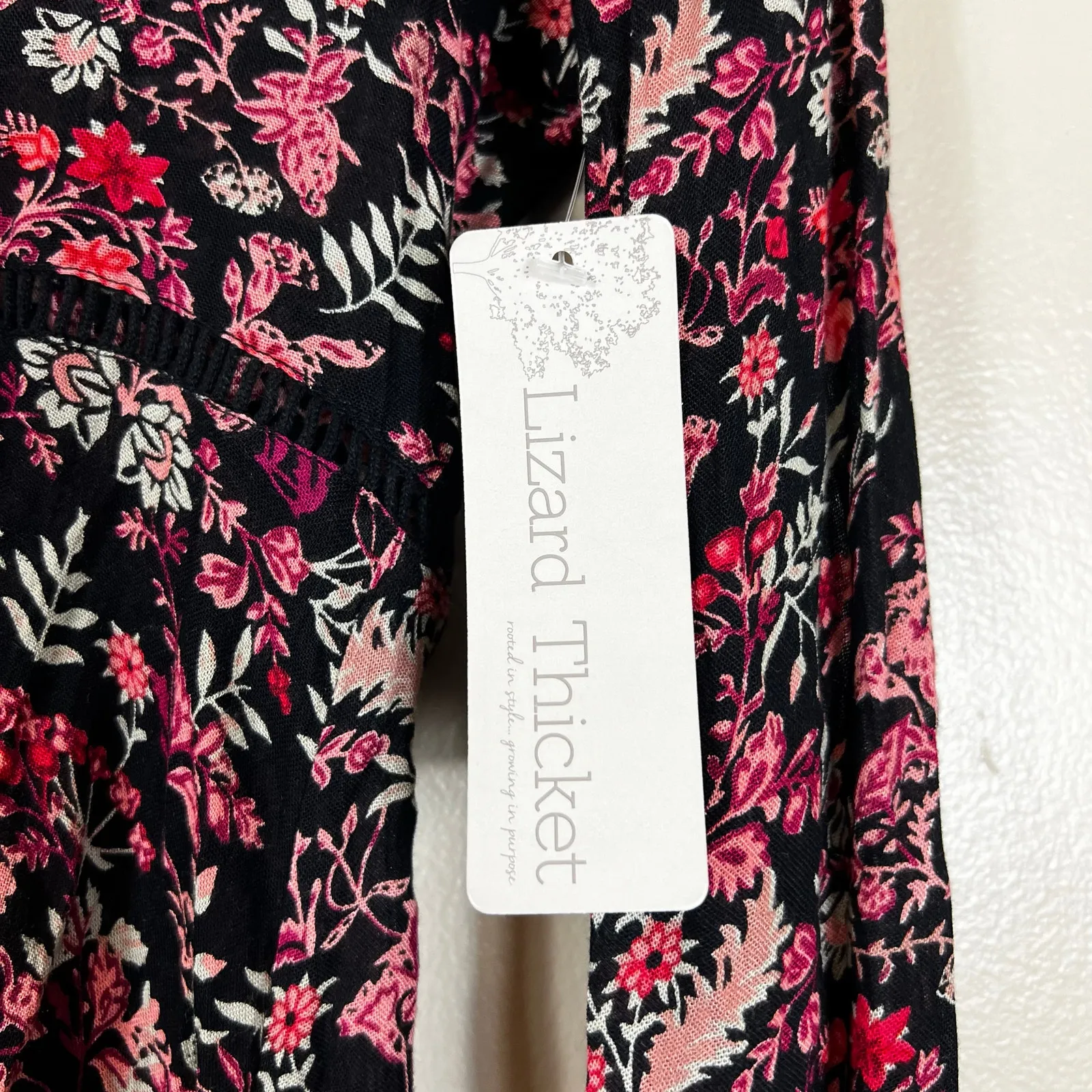 NWT C’isa Mini Dress Womens S Pink Black Floral Long Flare Sleeve Hippie Boho - Image 5