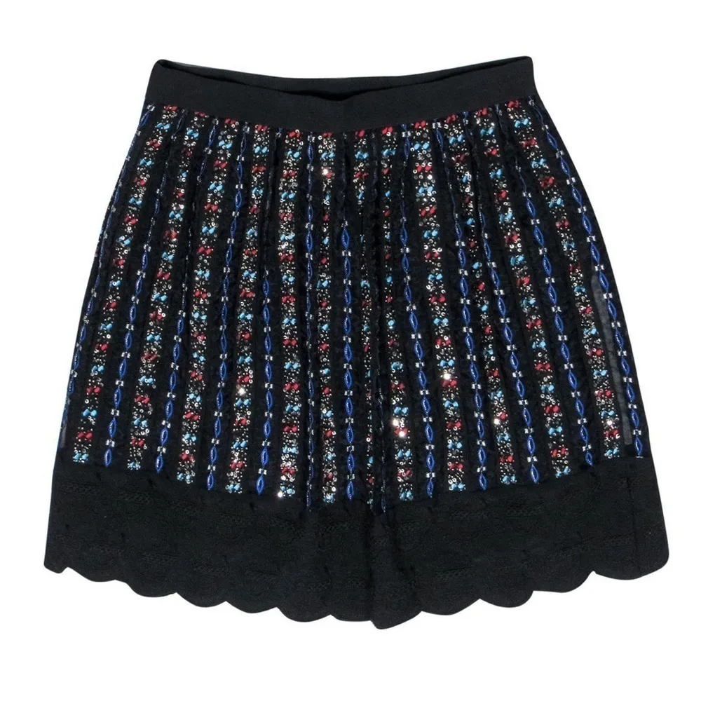 Club Monaco Black Multicolored Sequin Beaded A-Line Mini Skirt Scalloped Size 4 - Image 2