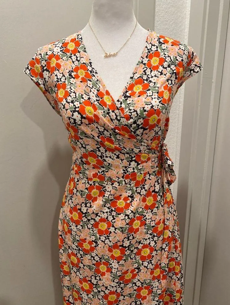 J. Crew Mercantile Multicolor Floral Midi Wrap Dress - S - Image 4