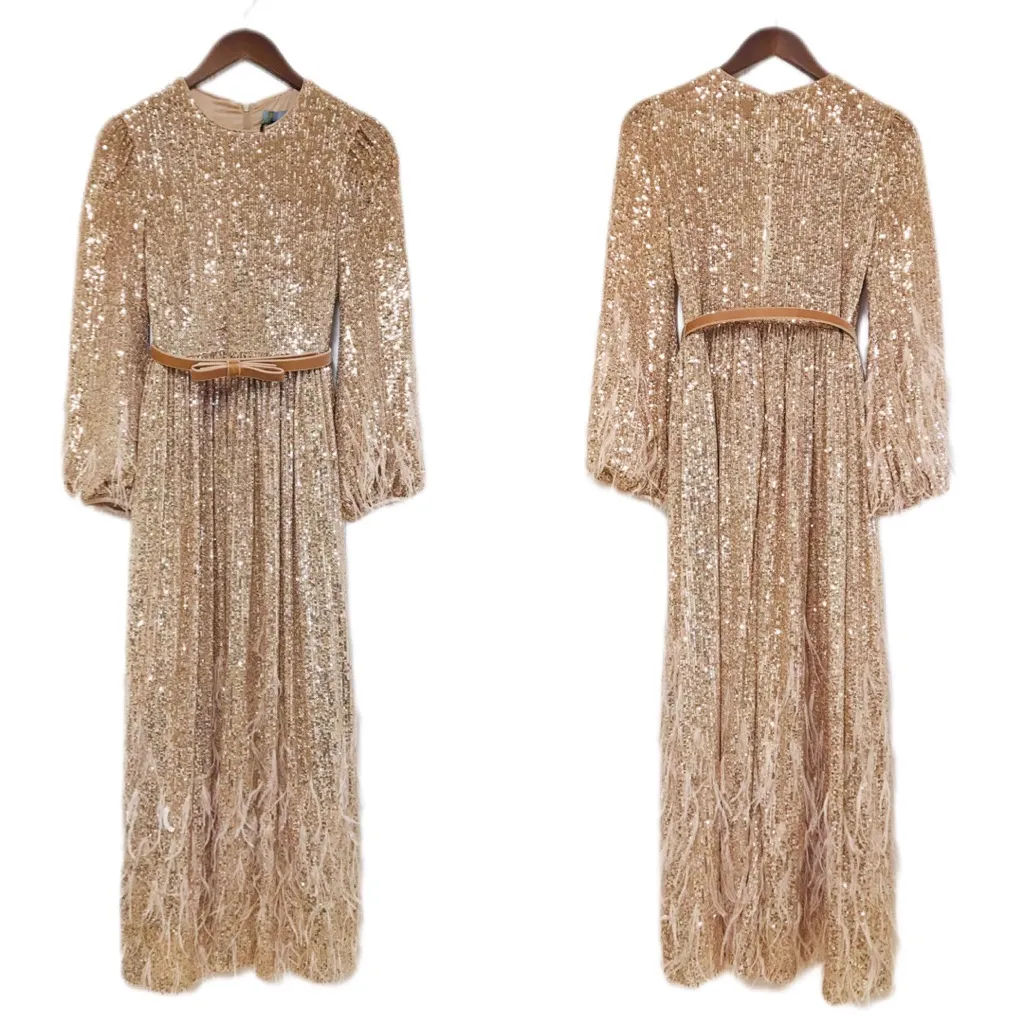 ANTONIO MELANI x Nicola Bathie Rose Gold Sequin Maxi Dress Feather Formal Size 2 - Image 2