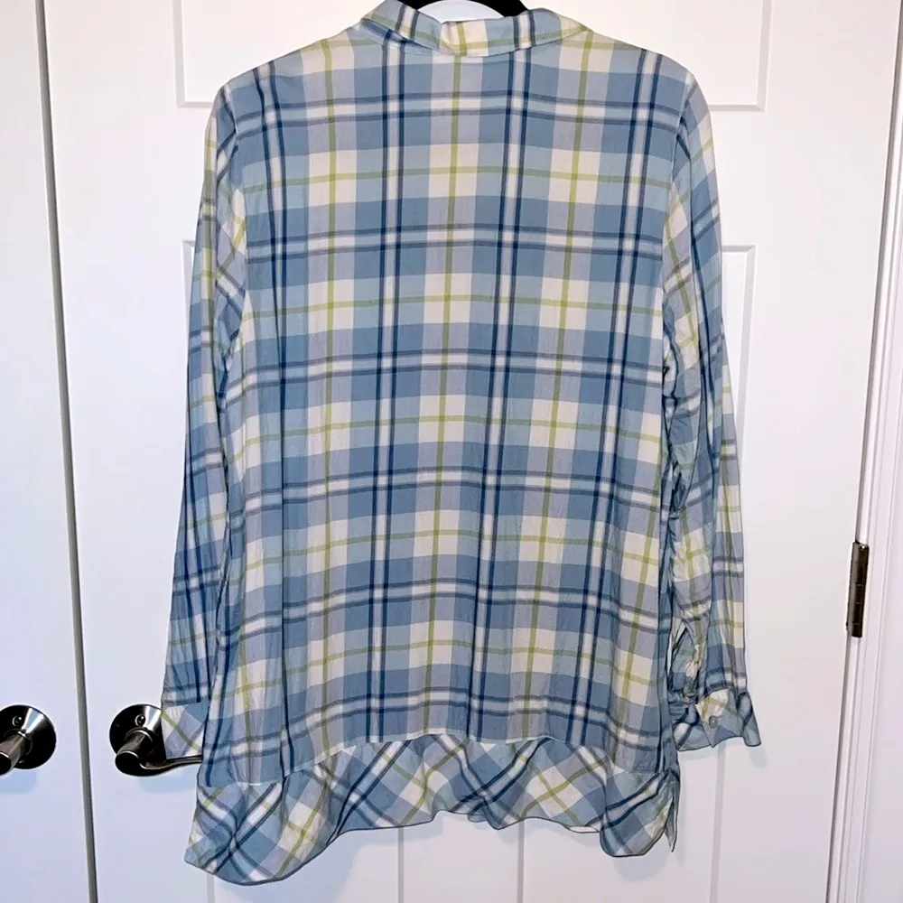 Ruffle Bottom Plaid Button Down Blue Size L - Image 2