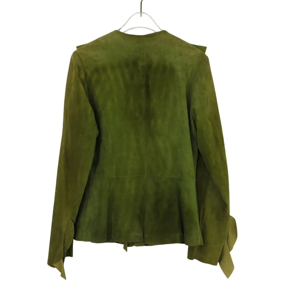 1980s Vintage Danier Green Suede Ruffle Collar Jacket XS - Image 5
