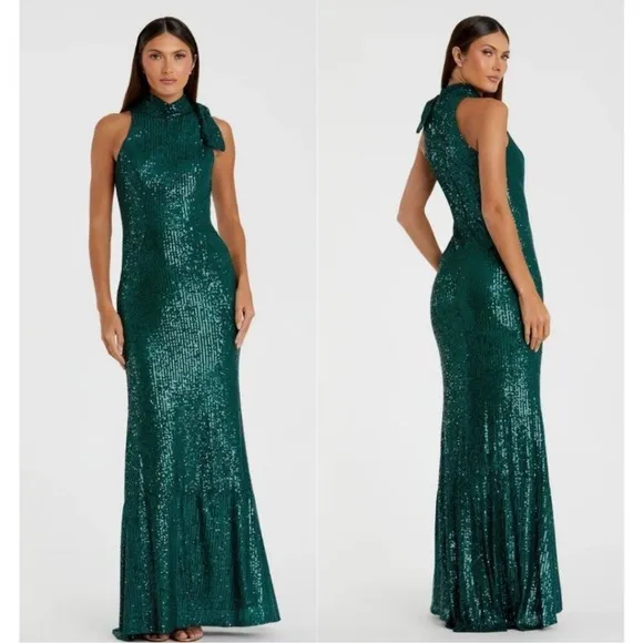 NEW Mac Dugal Ieena Sequined Soft Tie Halter Neck Column Gown Teal Green Sz 14 - Image 2