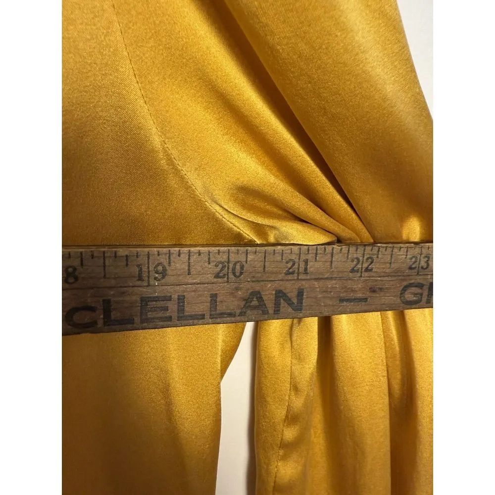 White House Black Market Women Shirt Button Up Silk Vneck Dark Gold Smocked Trim - Image 6