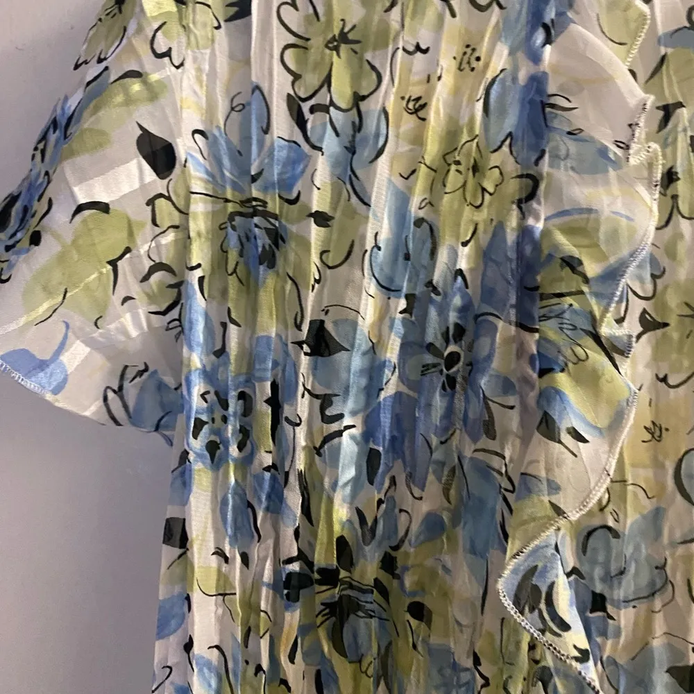 Kim Rogers Womens Sheer Tie Cover Up Blouse M  Floral Ruffled Neck Blue White - Image 3