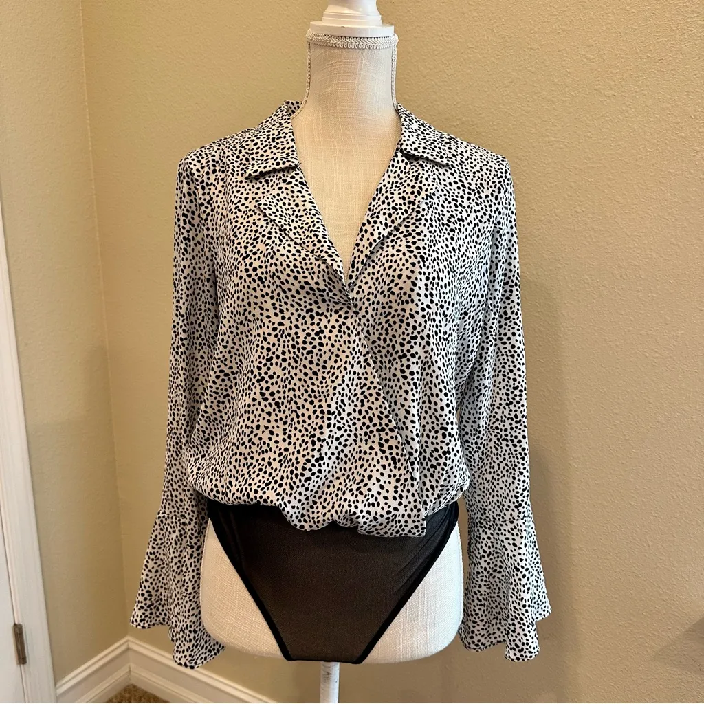 Lulu’s Always Lovely Ivory & Black Dotted Print Long Sleeve Bodysuit Size Small - Image 5