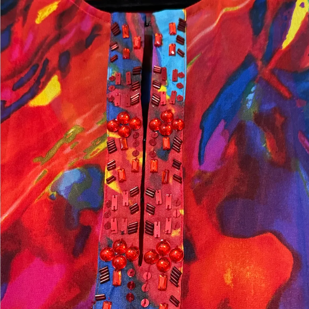 PETER NYGARD women's large multicolor roll sleeve tunic red beaded sheer light - Image 3