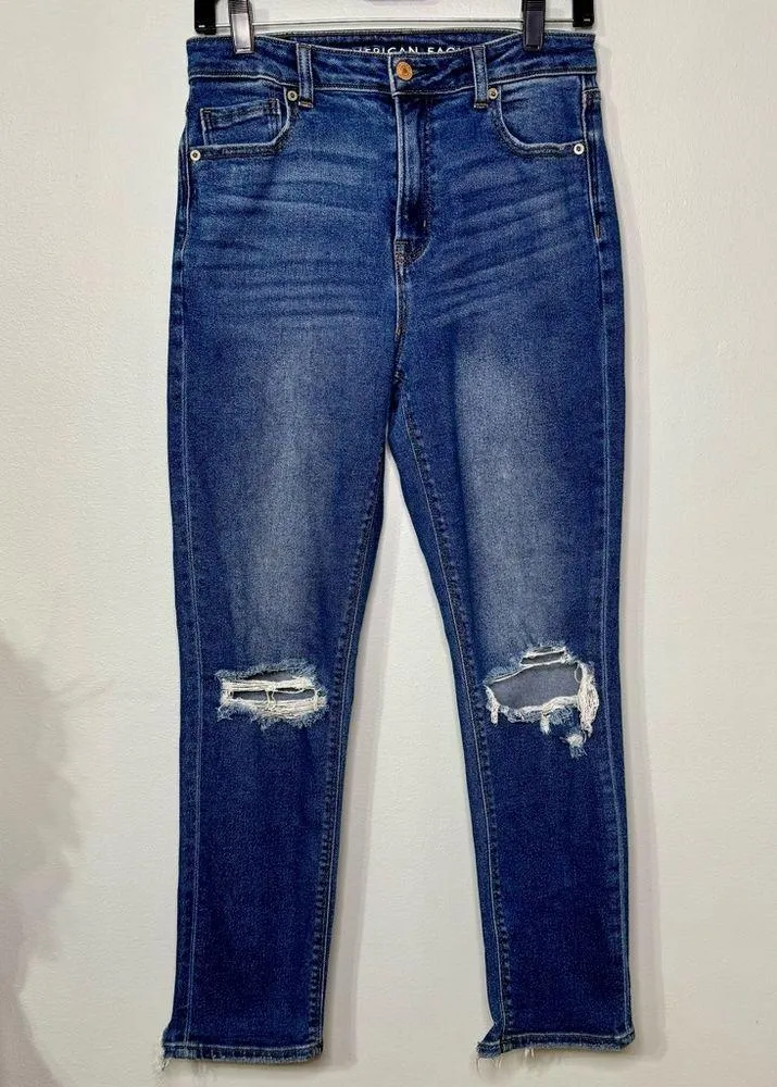 American Eagle High Rise Mom Jeans Distressed Stretch Blue Size 4 - Image 2