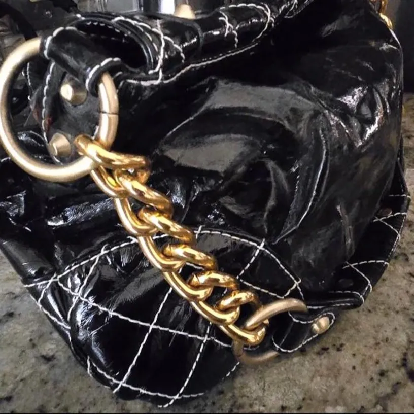 Mae and J VINTAGE Black Patent Leather Quilted Studded 12"x15" Luxury Handbag - Image 2