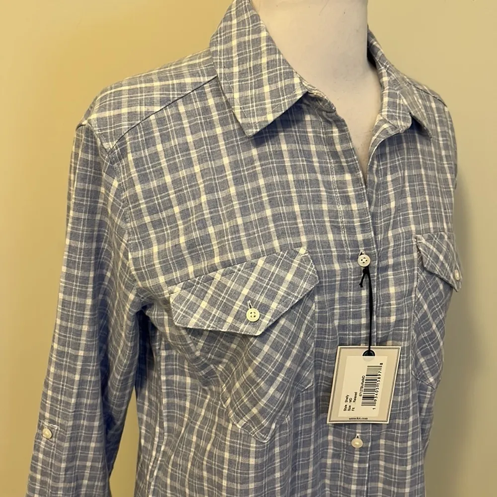 Untuckit Shelly Blue White Plaid Shirt Size M - Image 6