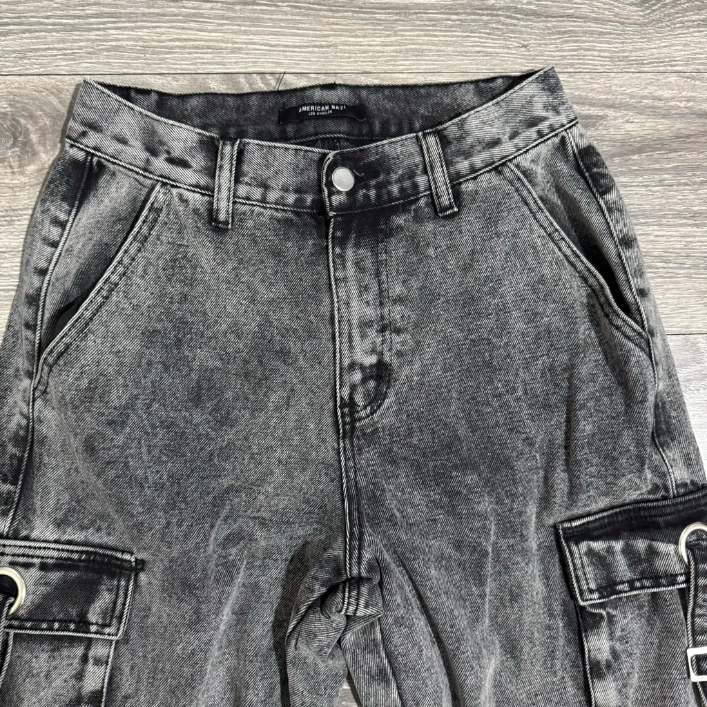 American Bazi Women Black Gray High Rise Cargo Tappered Jeans Size S - Image 2