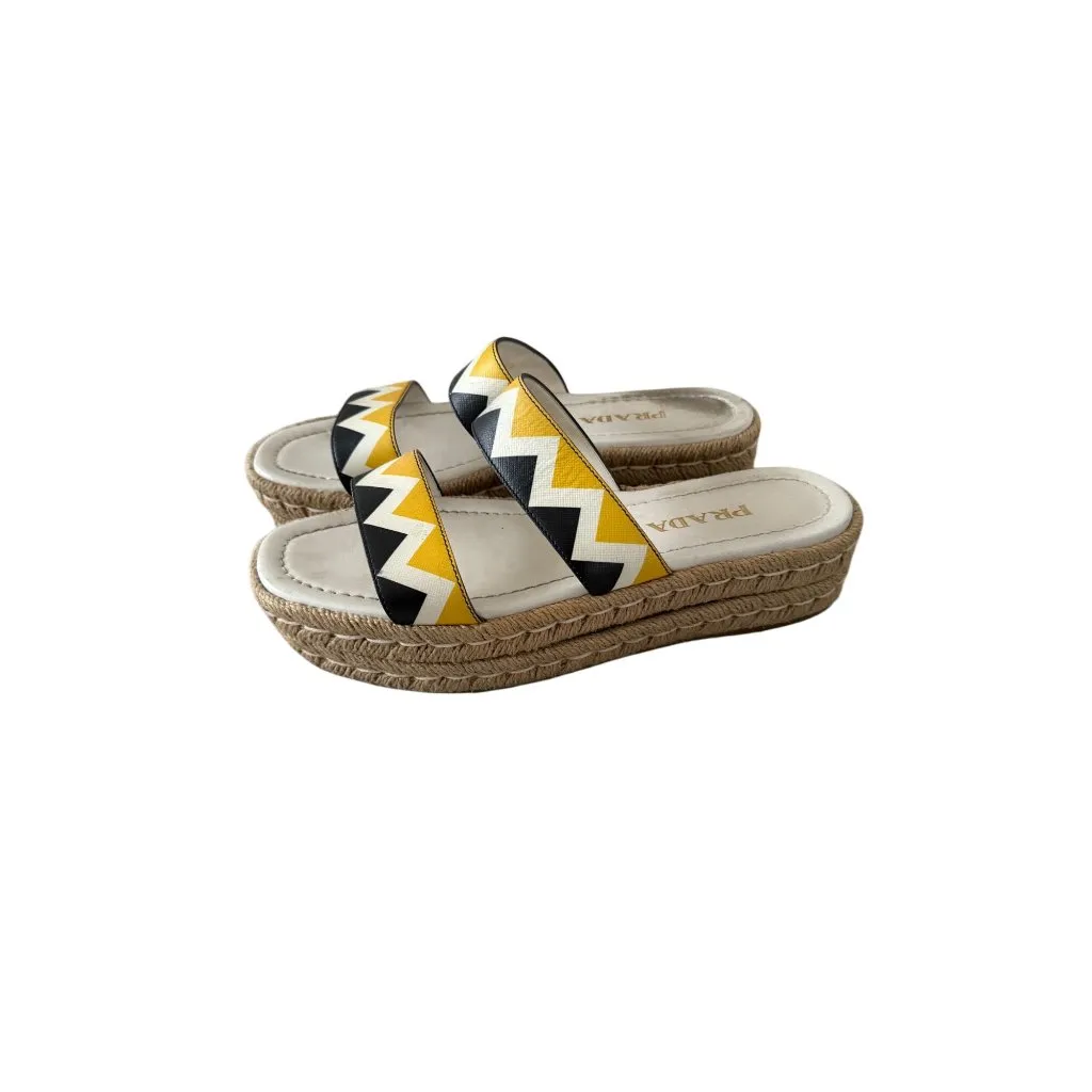 PRADA Zig Zag Beige Yellow Leather Platform Espadrilles Sandals Size 37.5 / US 7 - Image 7