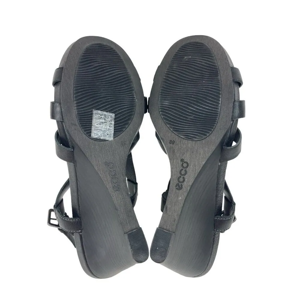 ECCO Wedge Heel Women Size 39 Black Leather Flower Strappy Slingback Casual Shoe - Image 9
