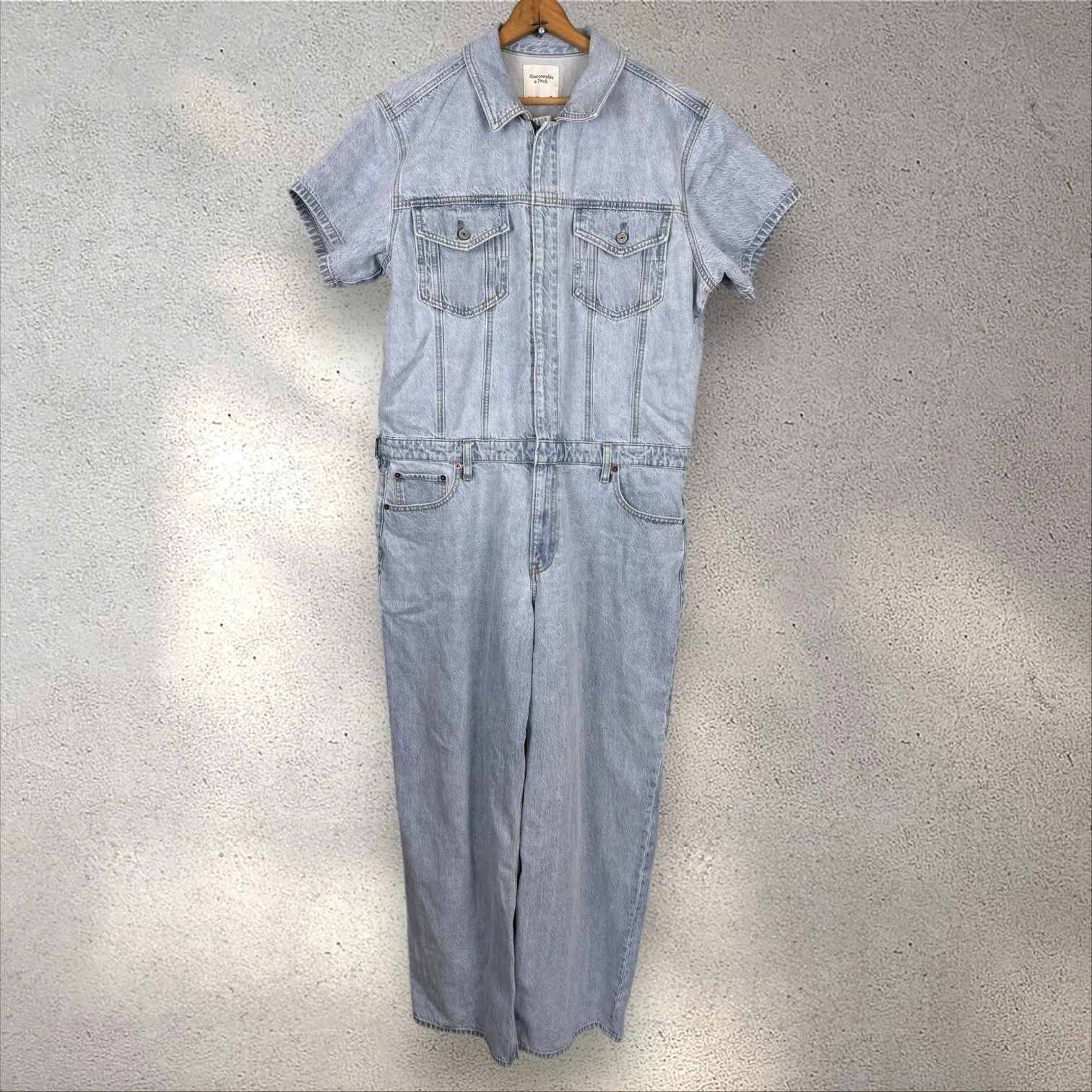 Abercrombie & Fitch 90s Relaxed Cinched Waist Blue‎ Denim Jumpsuit Sz XL - Image 4