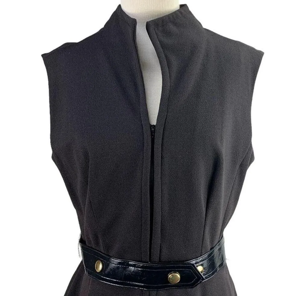 VINTAGE '60s ILGWU | Size 12 | Black Retro Mod Belted Studded Sleeveless Dress - Image 2