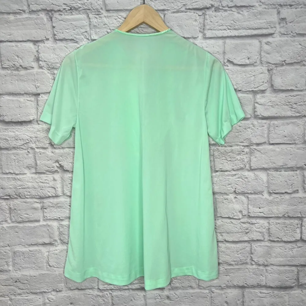 Vintage Nylon Green Lace Pajama Top Size S 1/2 Button Front Short Sleeve Tunic - Image 3