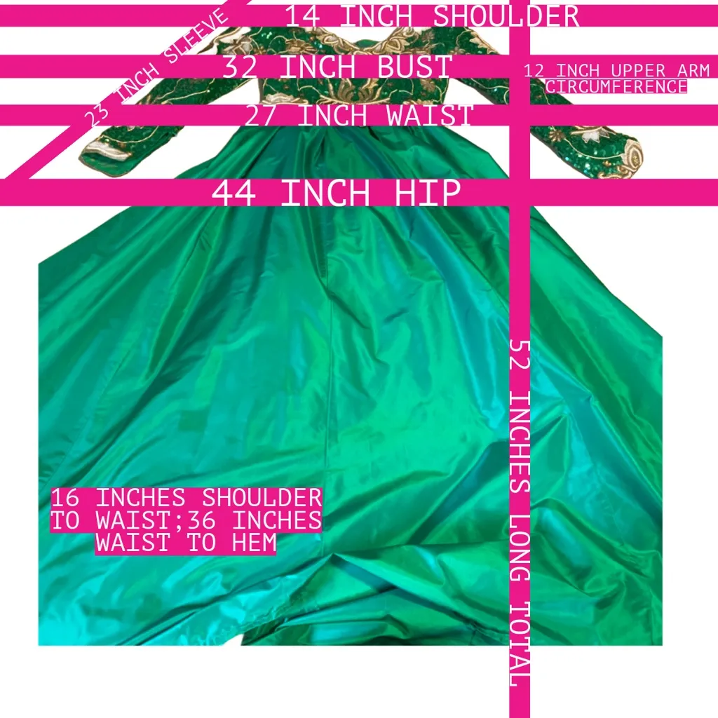 RICHILENE VINTAGE 1980'S GREEN & GOLD SEQUIN & SATIN GOWN (S) - Image 12