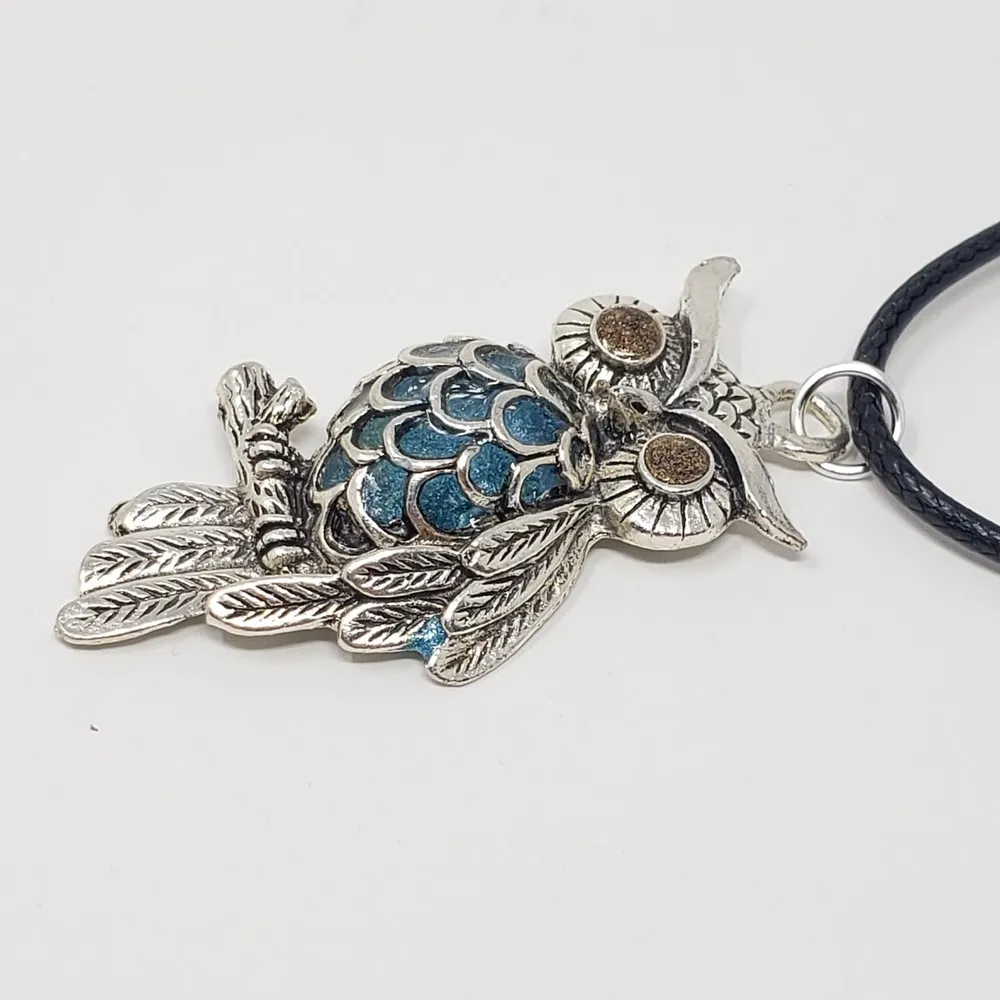 Owl Pendant Necklace w/ Blue Resin Body & Bronze Eyes - Image 5