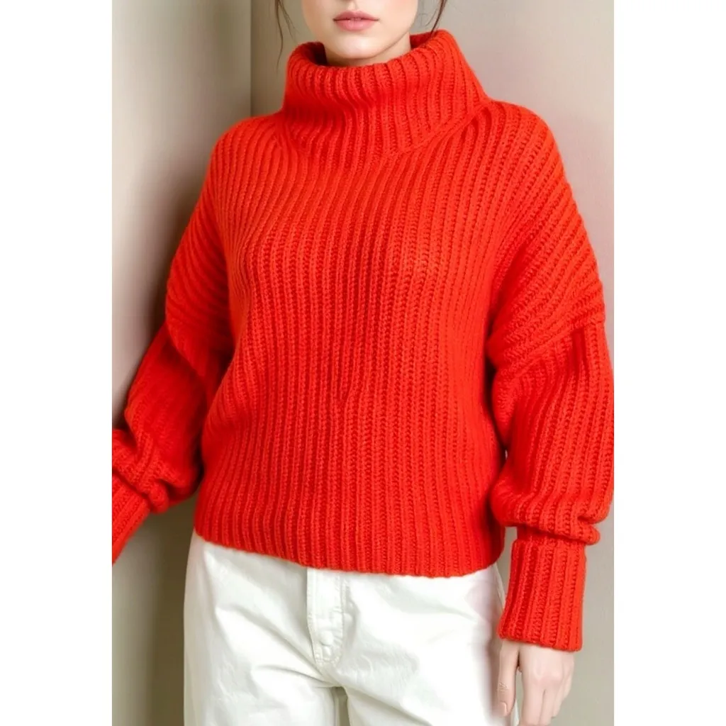 MAEVE x ANTHROPOLOGIE Athena Cowl Neck Wool-Blend Sweater, Medium Orange, XS - Image 3