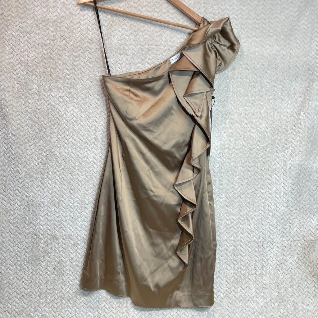 Calvin Klein Gold One Shoulder Ruffle Bodycon Mini Dress Womens Size 6 Glam Hoco - Image 4