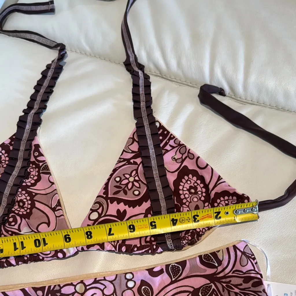 Women large Floral Pink Brown Bikini Set stitching ruffles pleats triangle top - Image 9