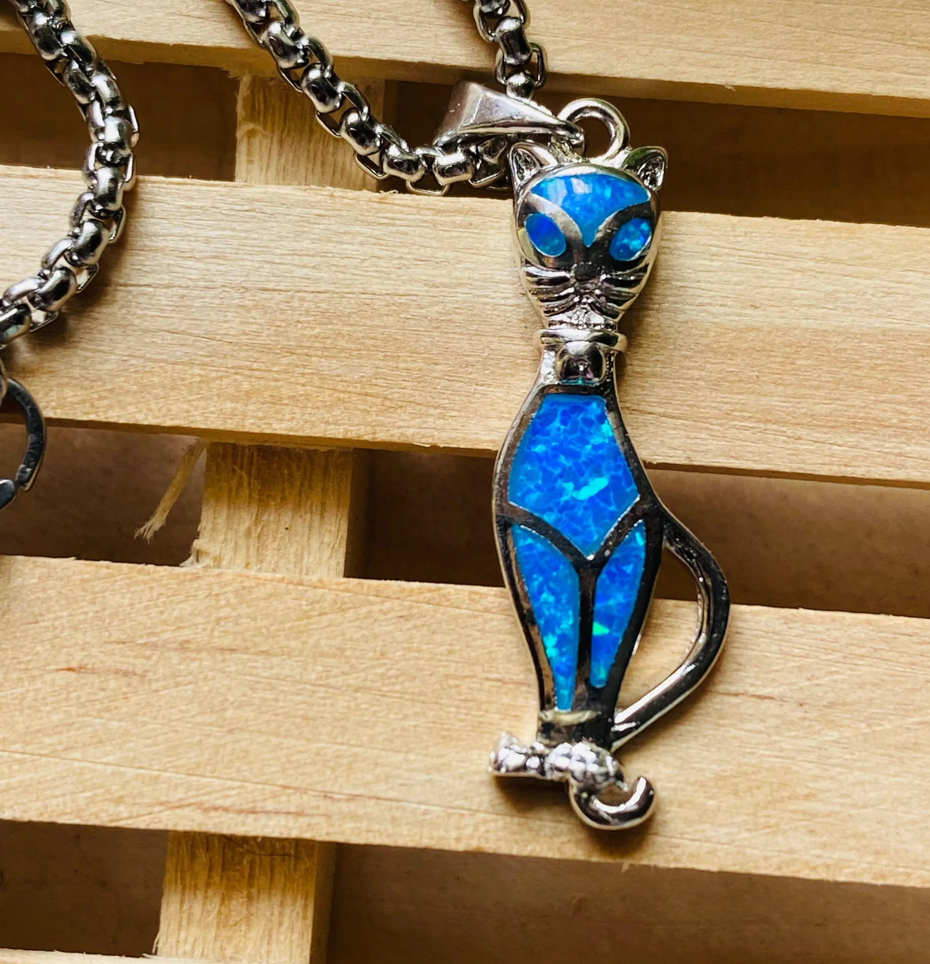 Sterling Silver Blue Opal Cat Necklace - Image 3