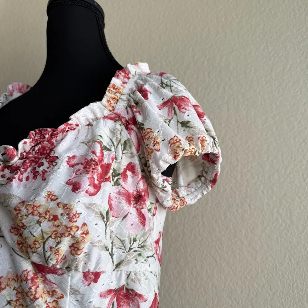 BCX Floral Fit & Flare Sweetheart Dress Medium White Pink Cottagecore Romantic - Image 3