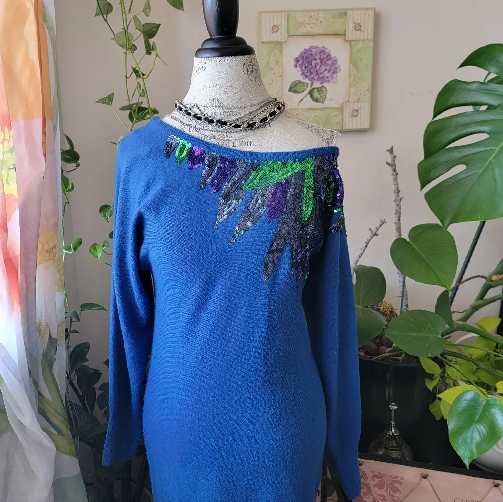 1980's Vintage Sweater Blue Sequin Feathers Dolman Sweater Dress Size S - Image 2