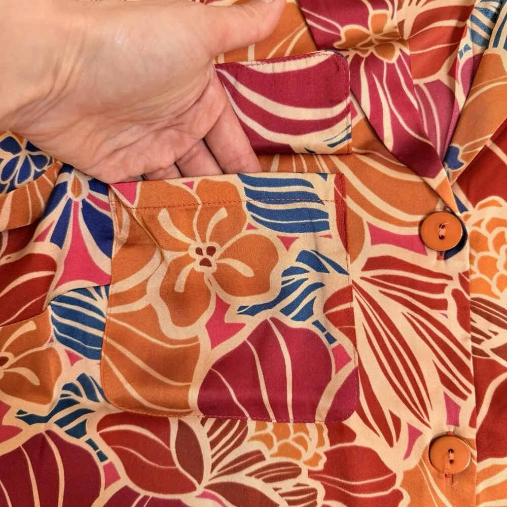 DR2 Silky Satin Sleep Lounge Button Floral Pajama Shirt Small Daniel Rainn Orange - Image 3