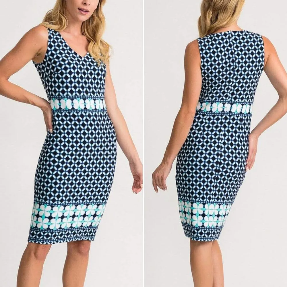 Joseph‎ Ribkoff Blue Geo Print Sheath Midi Dress V-Neck Sleeveless, Size 14 - Image 2