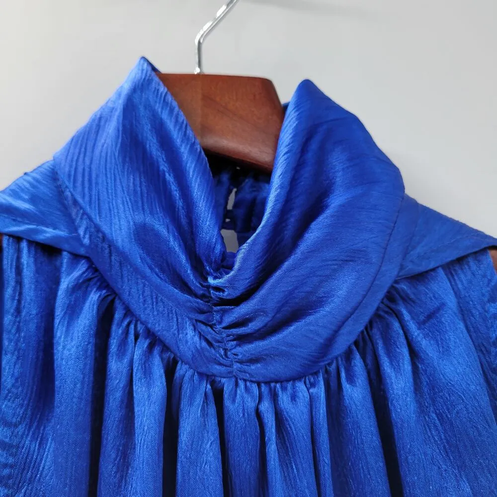 VTG Womens Jumpsuit M Shiny Royal Blue Shirred Button Belted Sleeveless Keyhole Size M - Image 12