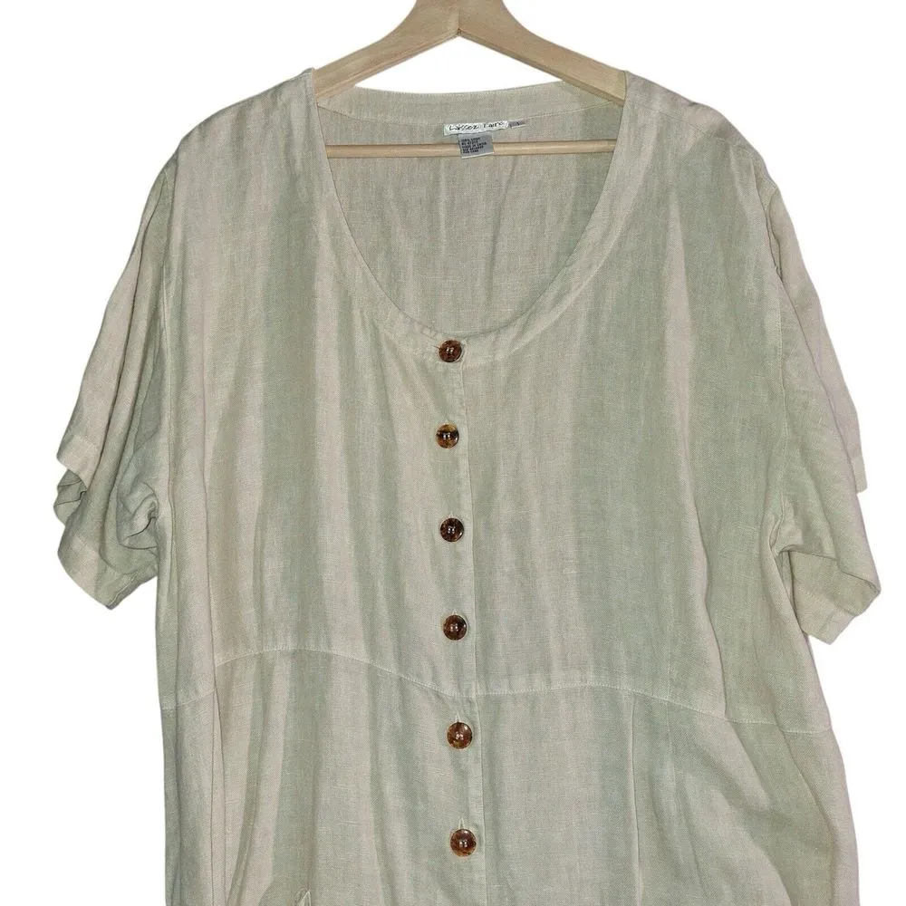 VTG Laissez Faire Creme Womens Cottagecore 100% Linen Button Down Dress‎ Sz L Tan Size L - Image 3