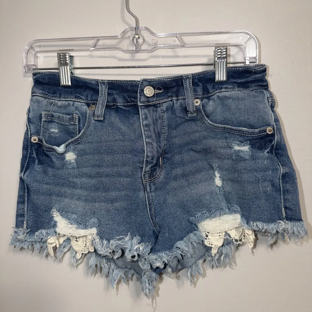 Mossimo High Rise Shortie Denim Shorts Size 4/27 Distressed Raw Hem Blue - Image 2