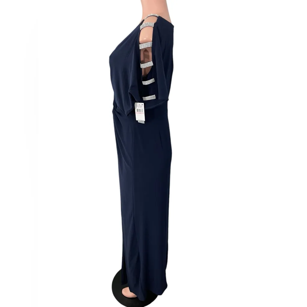 NWT Alex Evenings Long Knot‎ Front Dress Navy Blue Bling Sleeve Cutouts Size 10 - Image 7