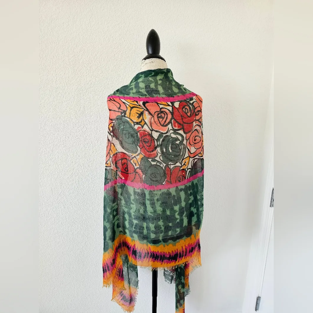 D & Y Multicolor Rose Abstract Print Sheer Wide Scarf Shawl With Freyed Edges Orange - Image 2
