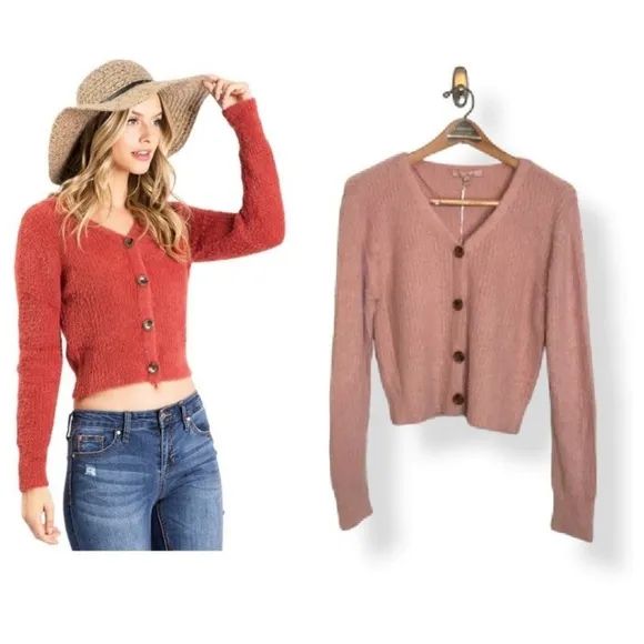 Love Tree Pink Fuzzy Cardigan Sz Medium - Image 2