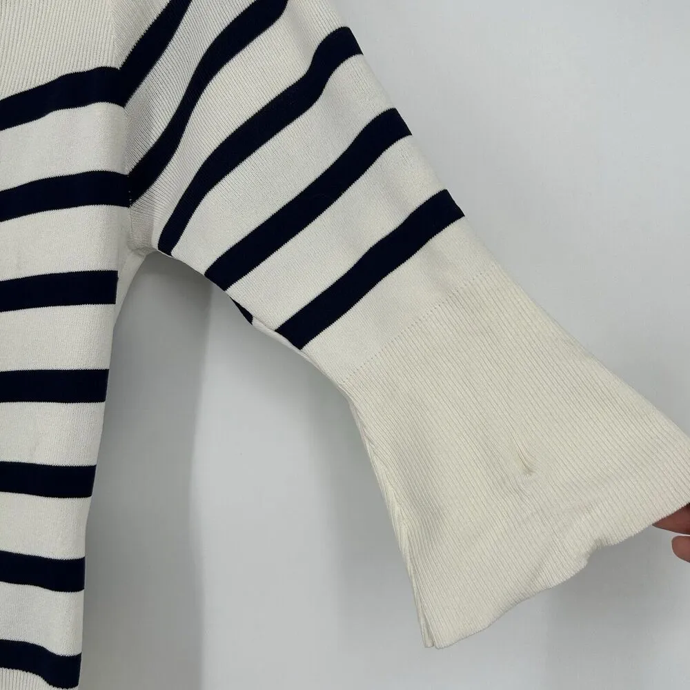 Anne Fontaine Stripe Top Blouse Lace Up Blue Ivory Boat Neck Ribbed Size 42 10 - Image 4