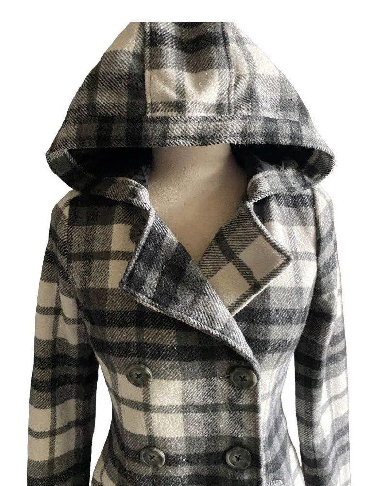 Beautiful black and white plaid hooded pea coat - Image 3