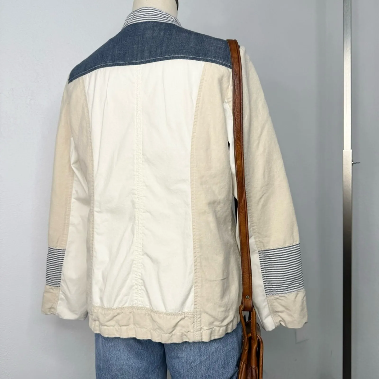 Sundance Button Front Patchwork Jacket Fall Utility Zip Pocket Cream Size 10 - Image 6