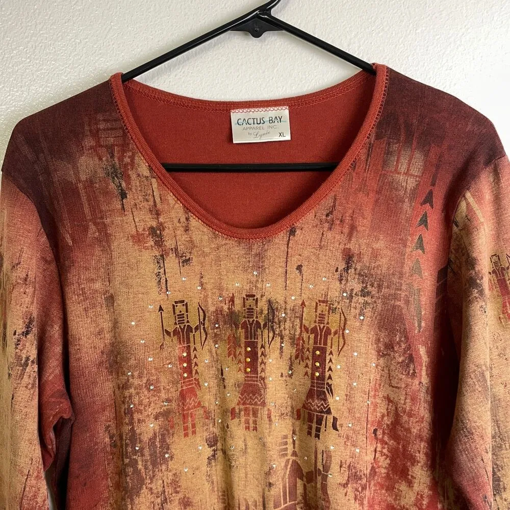Cactus Top Womens Size XL Red Aztec Embellished Rhinestones Cotton Shirt Casual - Image 3