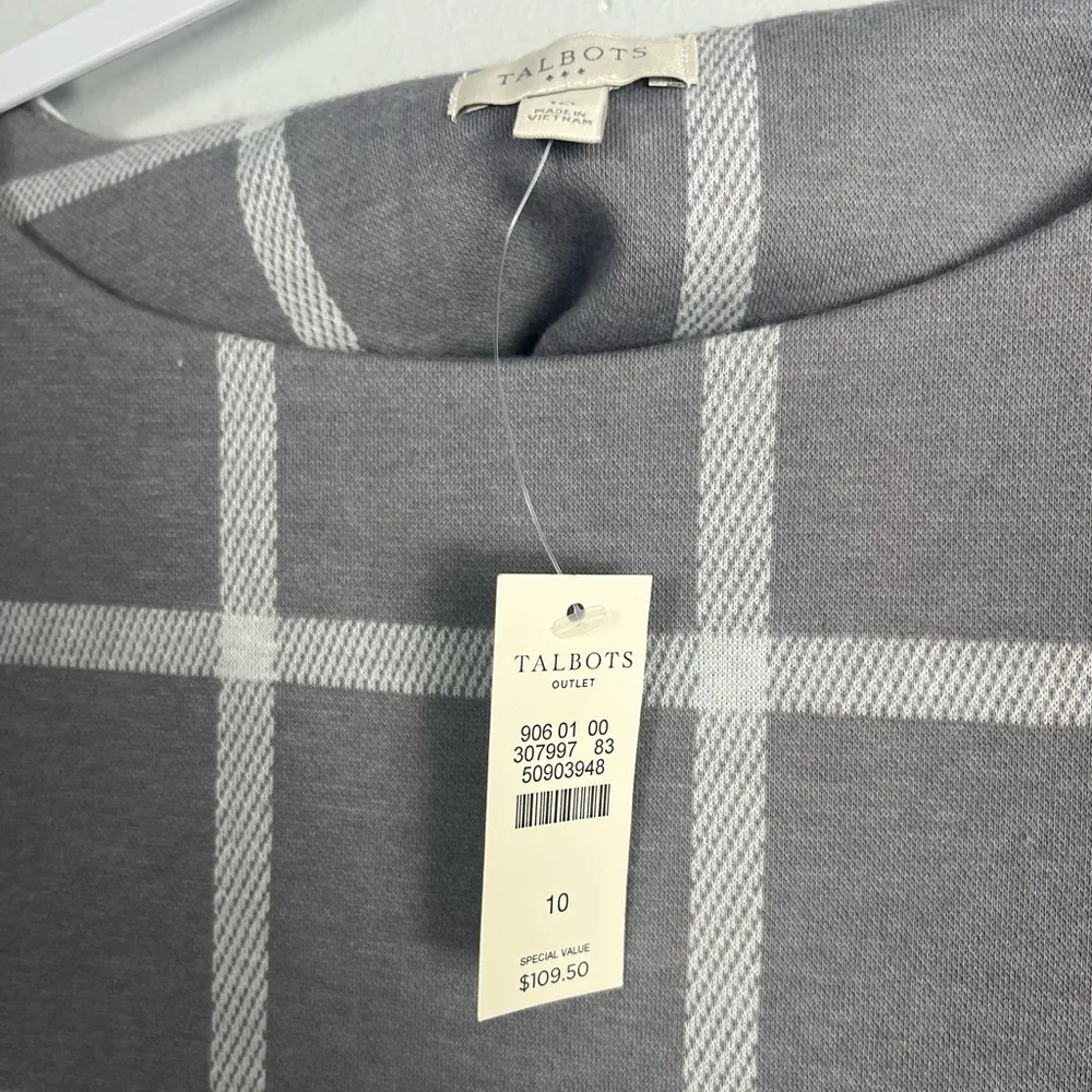 NWT Talbots Women's Gray Grid Check Midi Sheath Dress Bell Sleeves size 10 - Image 2