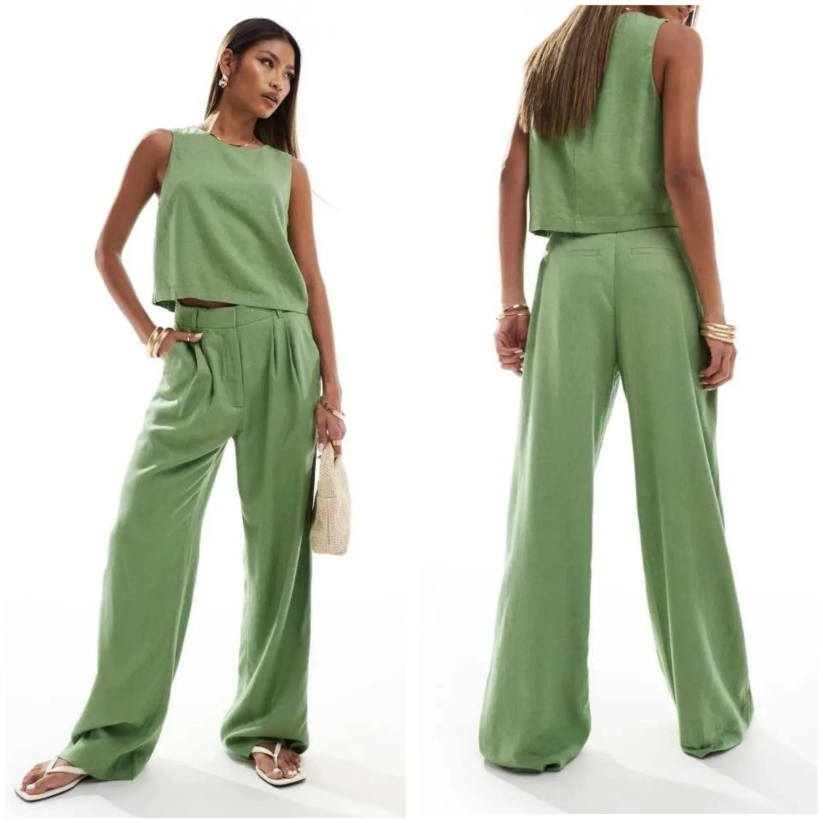Abercrombie & Fitch Sloane Co-ord Linen Blend Wide Leg Trouser Size 12/31 Green - Image 2