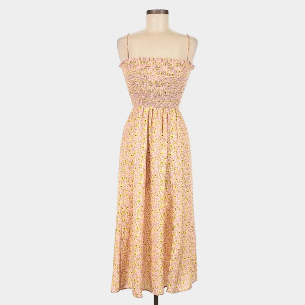 RESA Ashley Midi Slip Dress M Sunstone Ditsy Floral Smocked Slit Pink Smocked Size M - Image 4