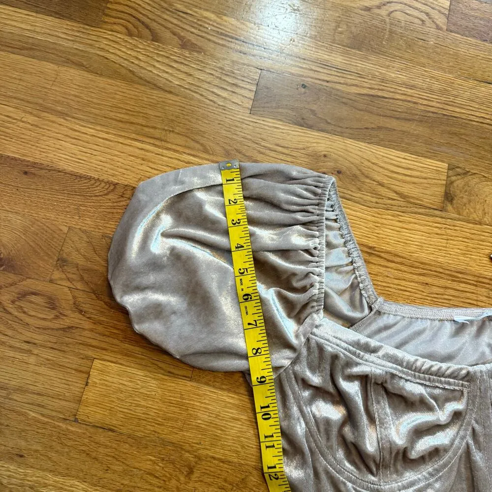 All in Favor Womens XL Champagne Velvet Corset Style Puff Sleeve Crop Top - Image 5