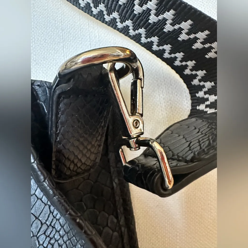 ADHORNED BLACK EMBOSSED Snakeskin Pattern Shoulder Bag WITH GUITAR STRAP - Image 3